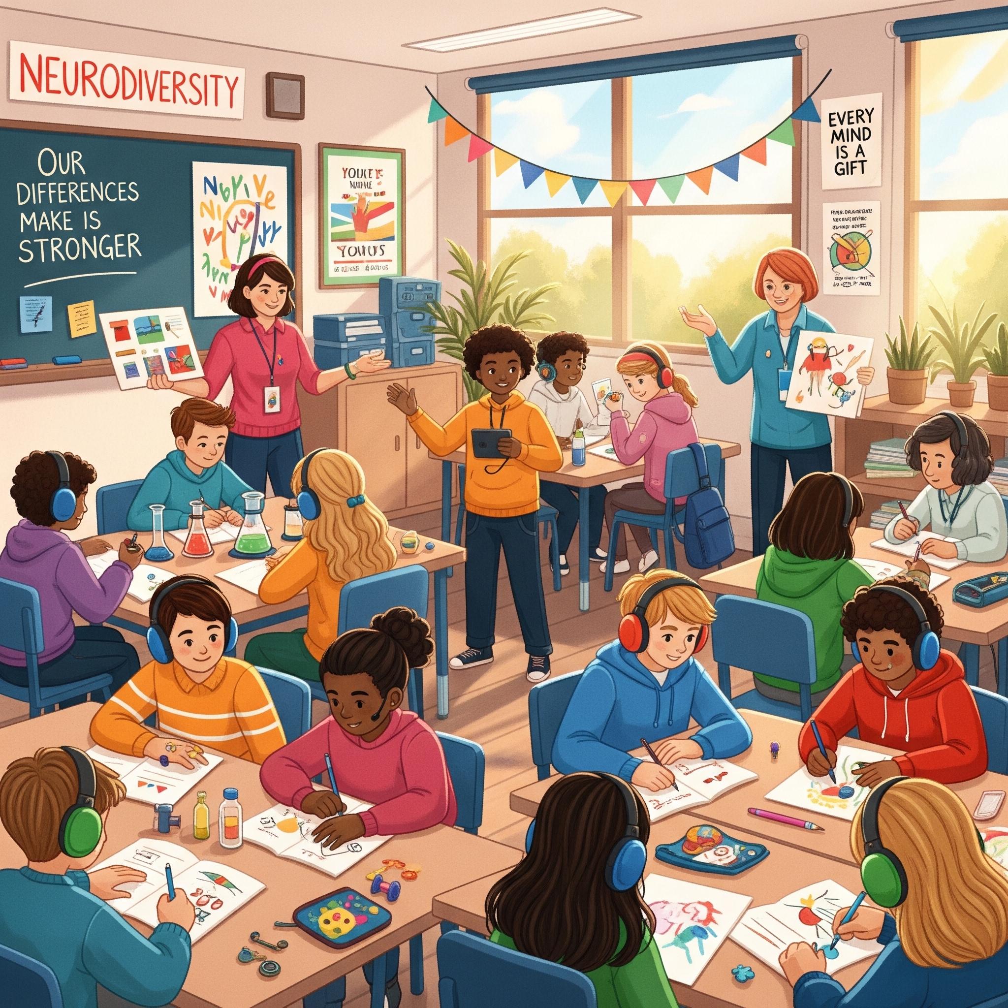 Illustrated classroom with students wearing noise-reducing headphones, using fidget tools, and working at tables, with posters reading our differences make us stronger and every mind is a gift.