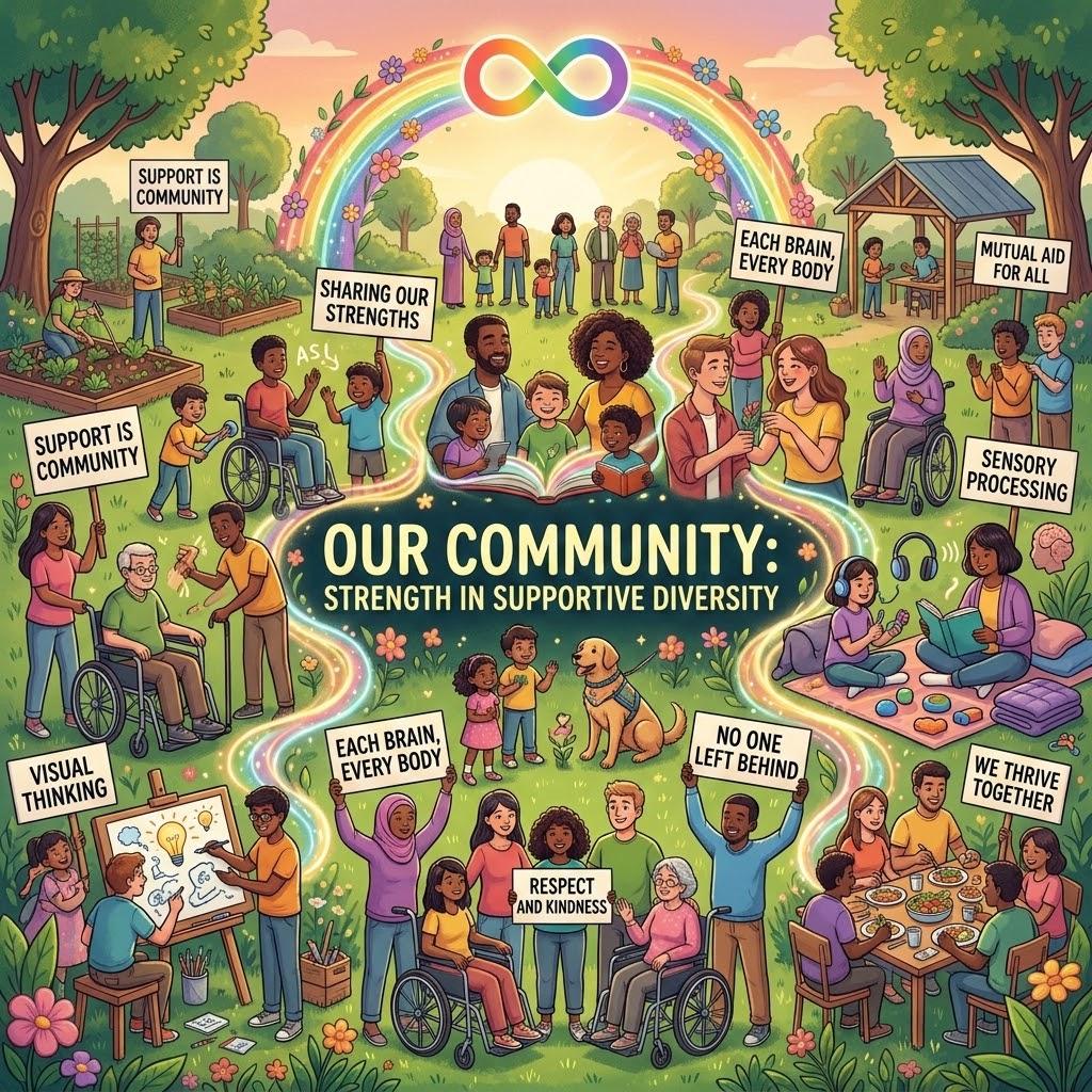 Illustrated community scene of disabled and non-disabled people gardening, sharing meals and holding signs reading support is community, each brain every body, and no one left behind.