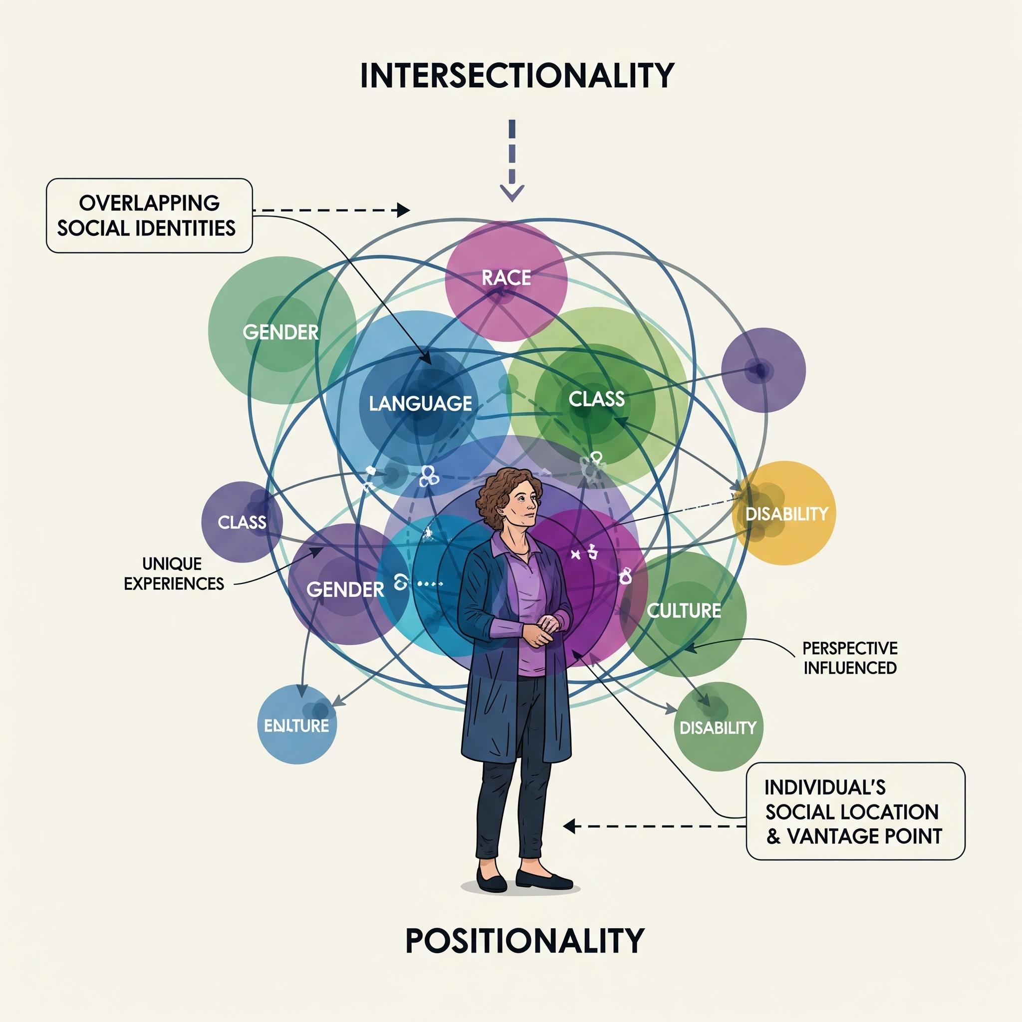 Diagram of a person standing inside overlapping circles labelled race, gender, class, language, culture and disability, with the words intersectionality above and positionality below.