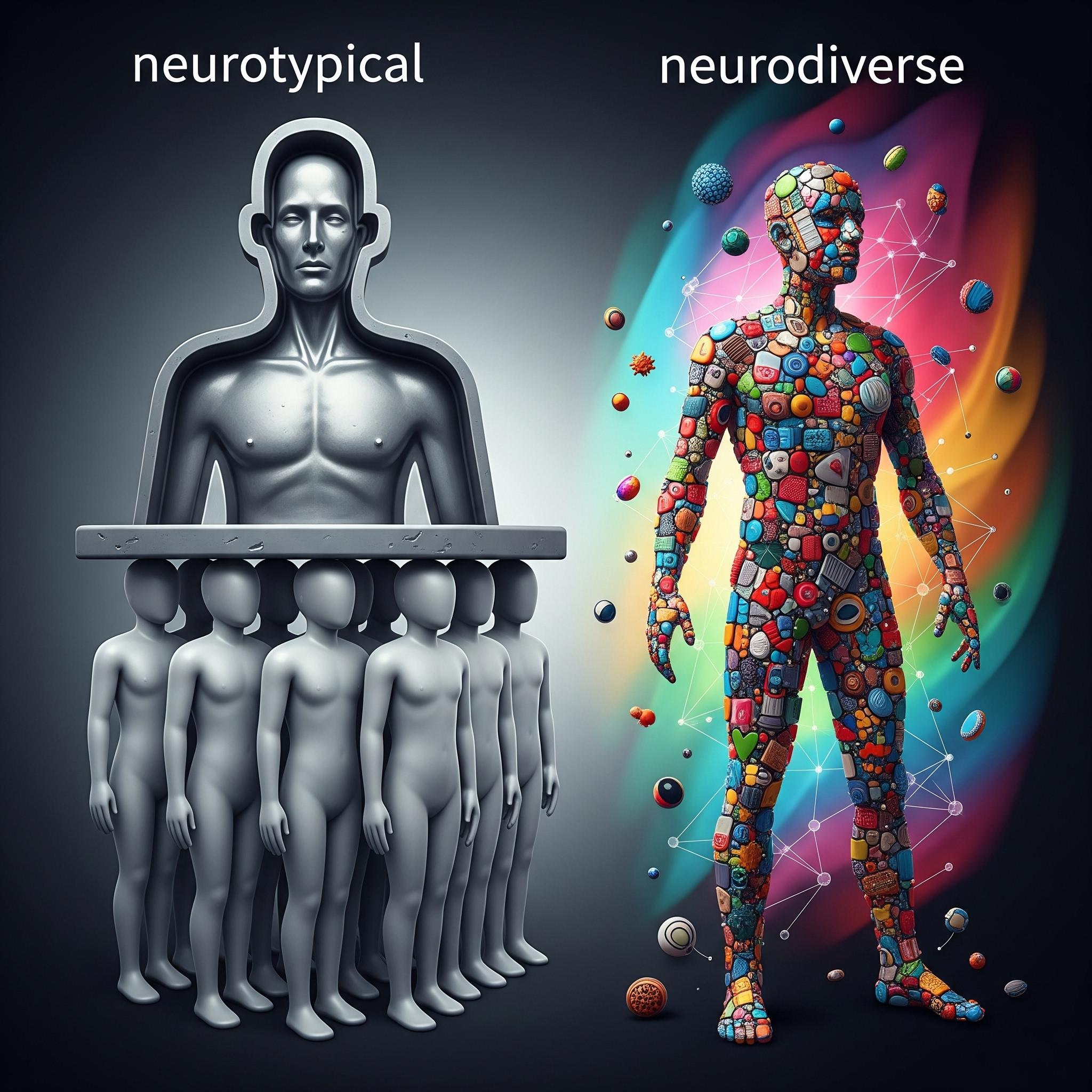 Two figures side by side: a grey uniform figure labelled neurotypical pressing down a row of identical grey figures, and a colourful mosaic figure labelled neurodiverse.