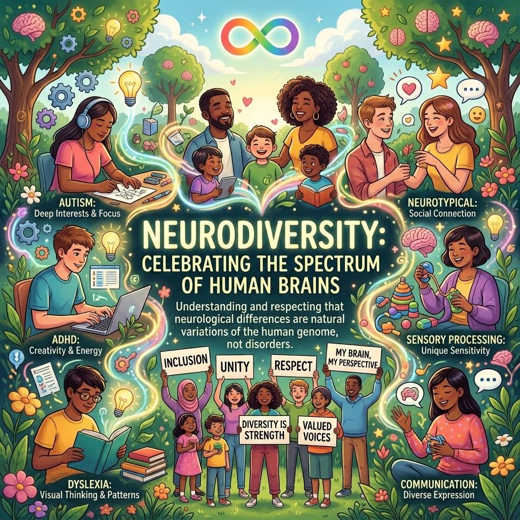 Illustrated poster titled Neurodiversity: Celebrating the Spectrum of Human Brains, showing people with labels for autism, ADHD, dyslexia, sensory processing, communication and neurotypical.