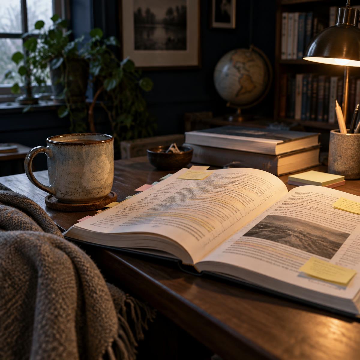 An annotated academic journal beside a ceramic mug.