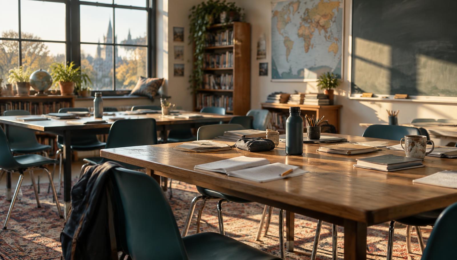 An empty classroom after class, with notebooks left open on shared tables in late afternoon light.